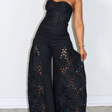Elegant Strapless Floral Eyelet Cutout Top & Wide Leg Pants Set