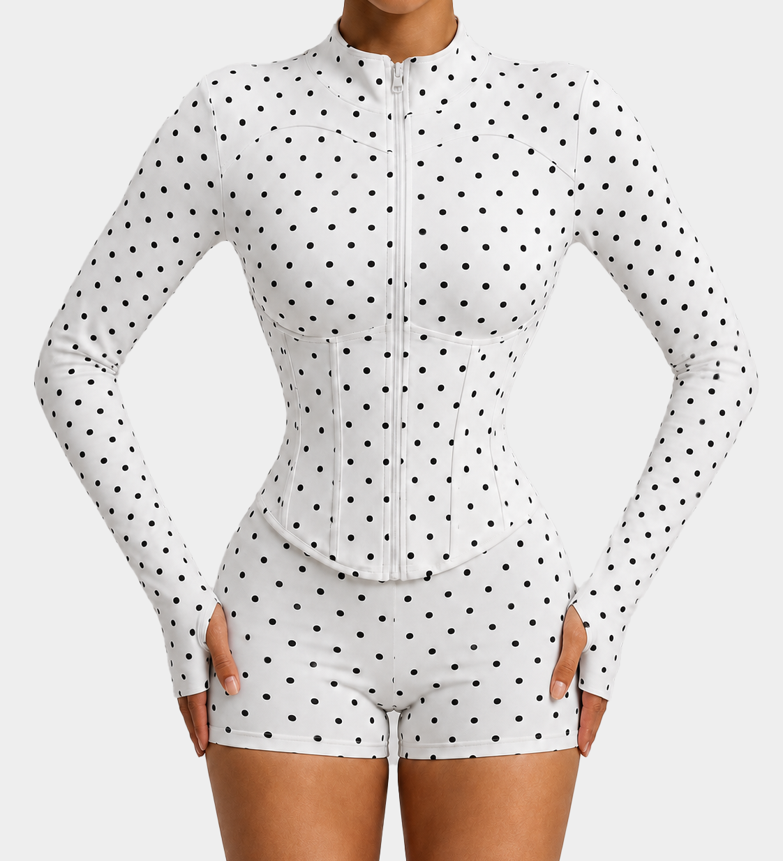 Polka Dot Long Sleeve Workout Zip Corset Yoga Jacket
