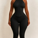 Polka Dot Halter Neck Hourglass Capri Jumpsuit with Detachable Corset Two-Piece Set