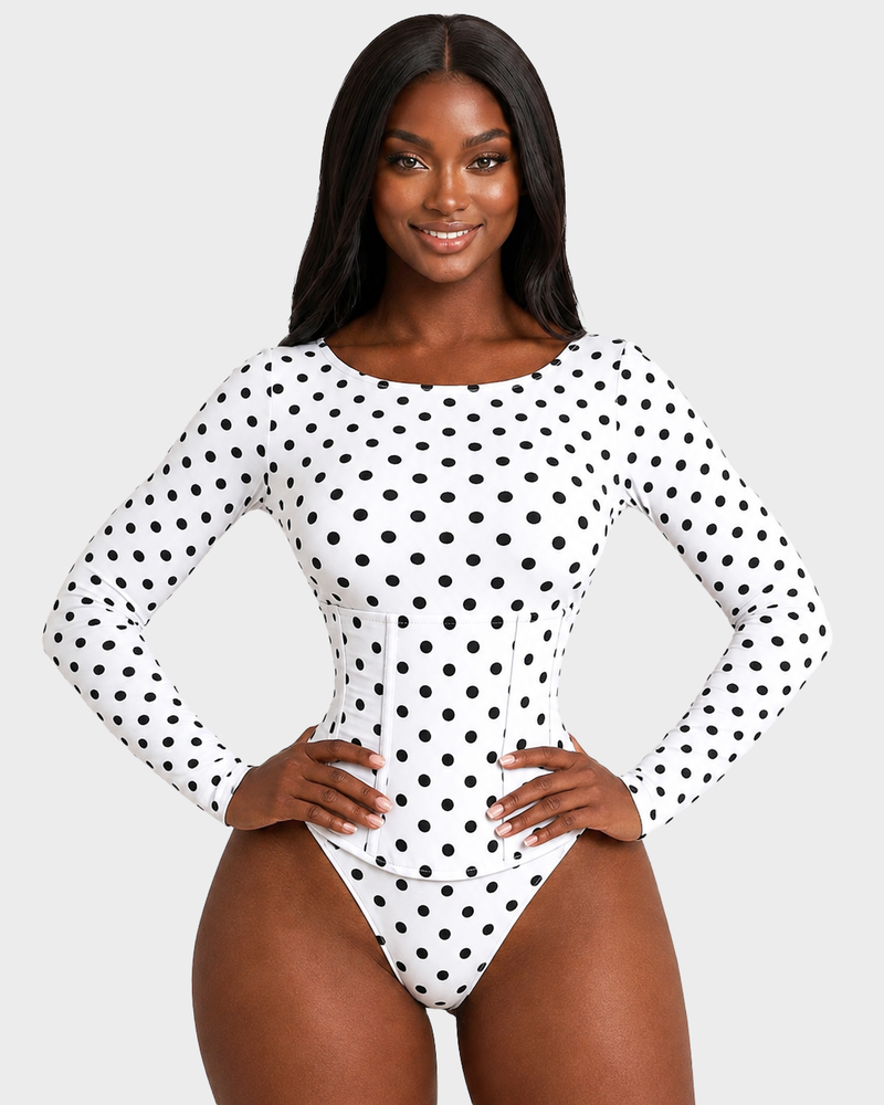 Polka Dot Scoop Neck Long Sleeve Bodysuit Detachable Corset Two Piece Set
