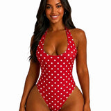 Polka Dot Halter Tie One Piece Swimsuit High Cut Hourglass Bodysuit