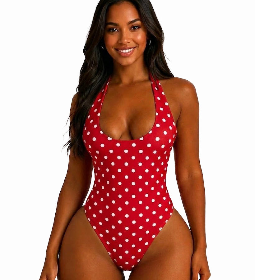 Polka Dot Halter Tie One Piece Swimsuit High Cut Hourglass Bodysuit