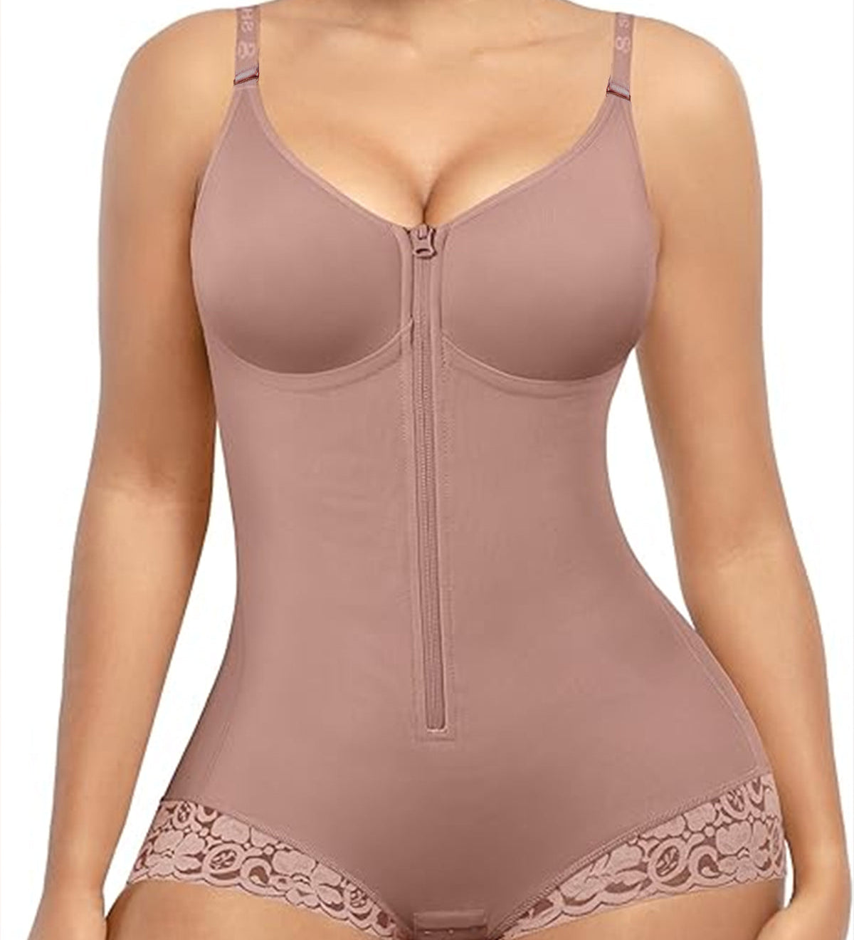 Lace-trimmed Tummy Control Zipper Shapewear Bodysuit