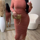 Elegant Mesh Paneled Ruched Bodycon Midi Dress with Mock Neck