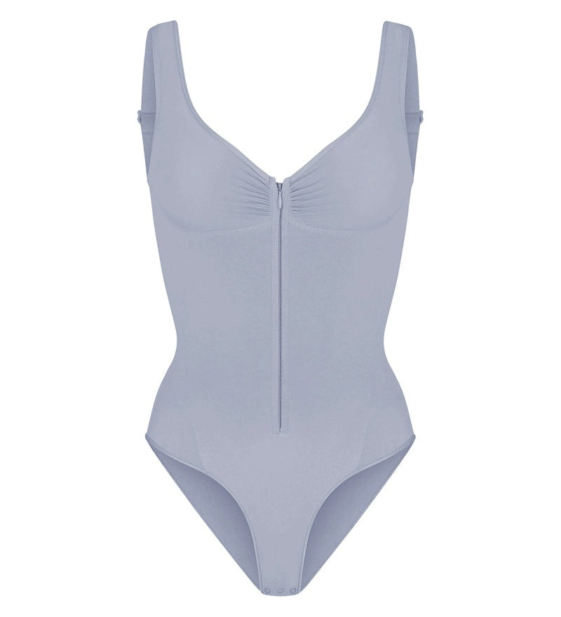 Deep V Seamless Backless Triangle Shapewear Bodysuit with Front Zipper