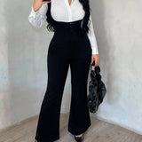 High Waist Button Detail Suspender Flare Jumpsuit