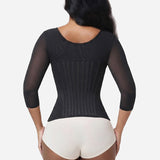 V Neck 3/4 Mesh Sleeve Zipper Waist Trainer High Compression Shaping Top