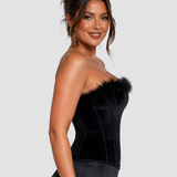 Black Velvet Feather Trim Strapless Corset Top with Lace Up Back