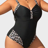 Leopard Patchwork Ruched V Neck Wide Strap One Piece Swimsuit