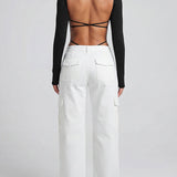 Square Neck Long Sleeve Backless Thong Slim Fit Bodysuit