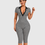 Striped Collar Short Sleeve Capri Skinny Jumpsuit
