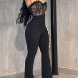 Sexy Lace Mesh Off-Shoulder Ruffled Trim Jumpsuit