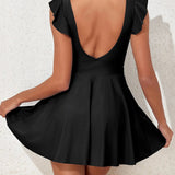 Ruffle Sleeve Cross Cutout Backless Skirted One Piece Swimsuit