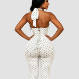 Polka Dot Halter Neck Hourglass Capri Jumpsuit with Detachable Corset Two-Piece Set