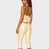 Metallic Shine Halter Deep V Top V Waist Capri Leggings Two Piece Set