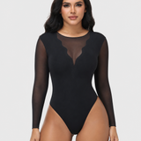Sheer Mesh Long Sleeve Tummy Control Thong Shaping Bodysuit