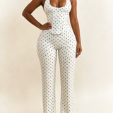 Polk Dot Halter-Neck Backless Detachable Corset Wide-leg Jumpsuit Two-Piece Set