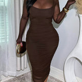 Women's Ruched Mesh Sheer Mock Neck Long Sleeve Midi Bodycon Dress