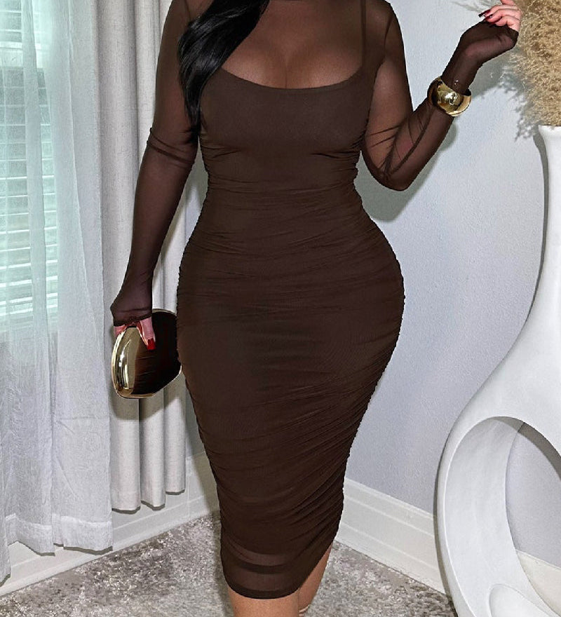 Women's Ruched Mesh Sheer Mock Neck Long Sleeve Midi Bodycon Dress