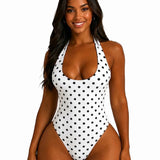 Polka Dot Halter Tie One Piece Swimsuit High Cut Hourglass Bodysuit