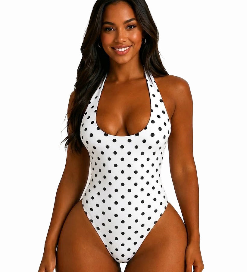 Polka Dot Halter Tie One Piece Swimsuit High Cut Hourglass Bodysuit