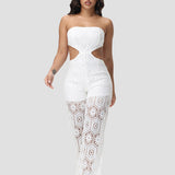 Chic Strapless Lace Waist Cut out Jumpsuit with Geometric Pattern