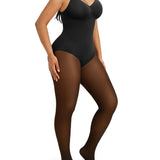 V Neck Adjustable Strap Warm Lined Sheer Panel Tummy Control Bodysuit