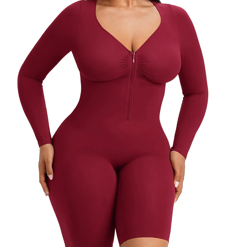 Front Zipper Long Sleeve Mid Thigh Full Body Shapewear Bodysuit