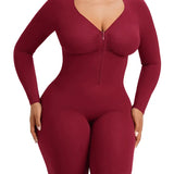 Front Zipper Long Sleeve Mid Thigh Full Body Shapewear Bodysuit