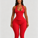 Hourglass Figure Body Shaper Waist Cincher Polka Dot Capri Jumpsuit Two-Piece Set