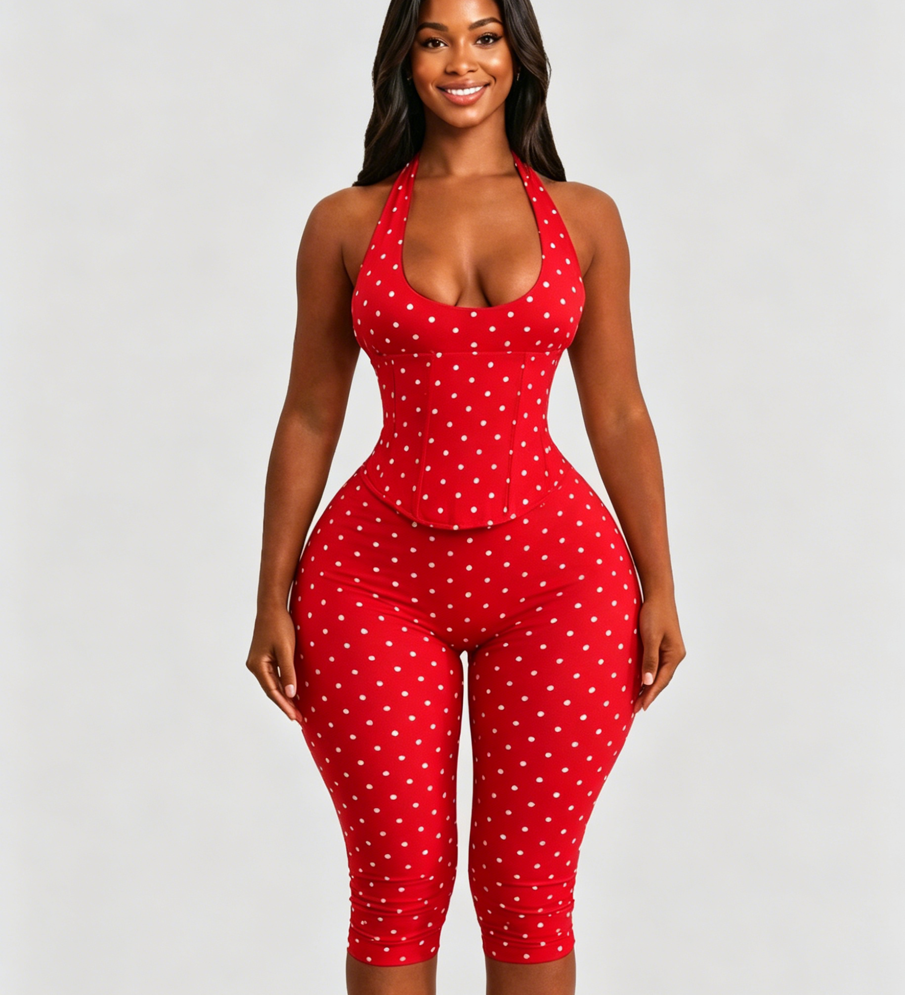 Hourglass Figure Body Shaper Waist Cincher Polka Dot Capri Jumpsuit Two-Piece Set