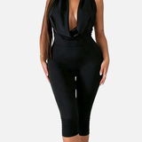 V Neck Halter Open Back Tie Capri Jumpsuit