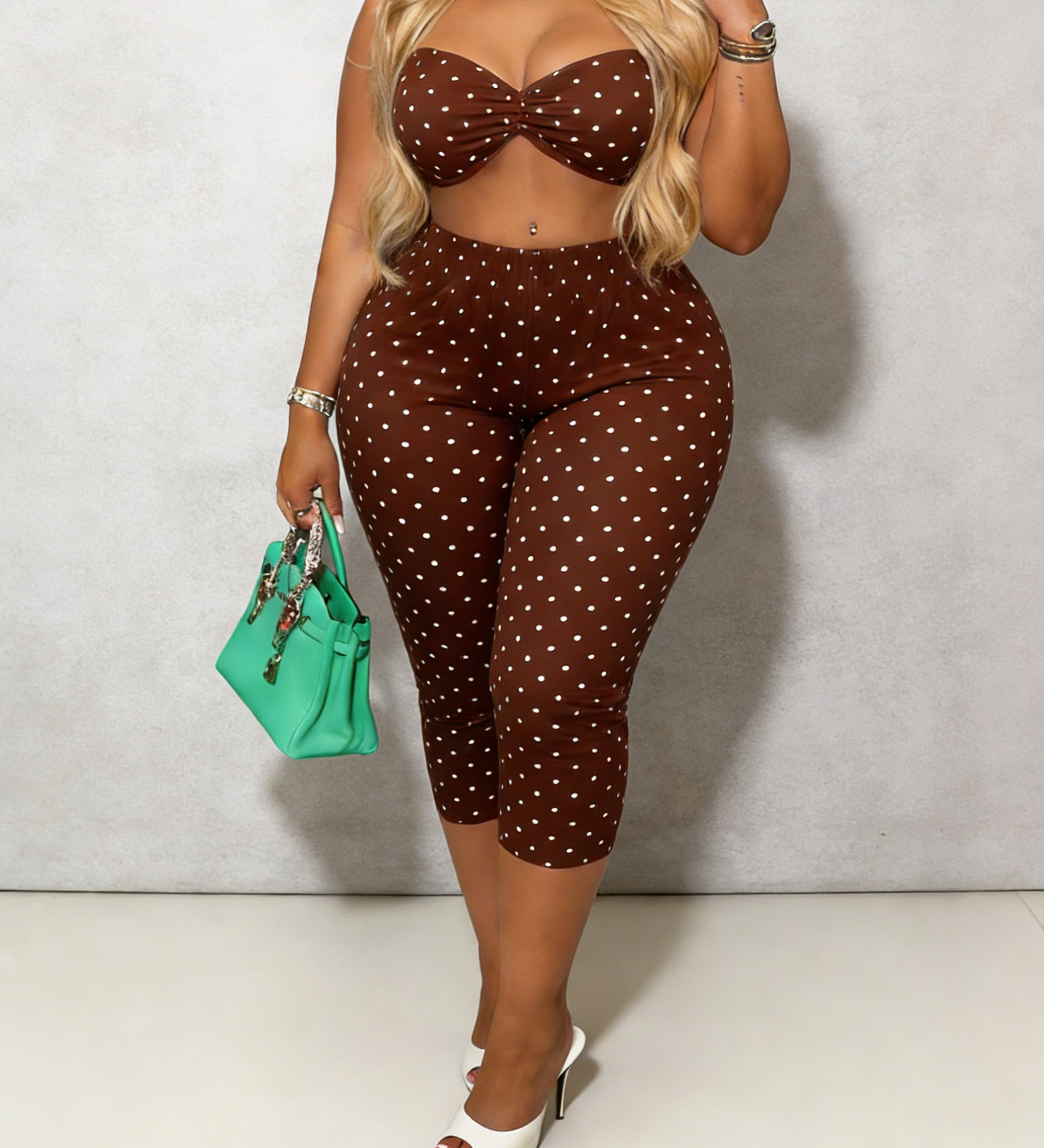 Polka Dot Print Sexy Hip-Lifting Capri Pants Set