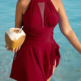 Large Size Halter Neck Mesh Panel Tummy Control Swimsuit with Side Bow