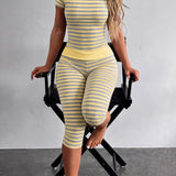 Striped Crew Neck Short Sleeve Crop Top Capri Leggings Two Piece Set