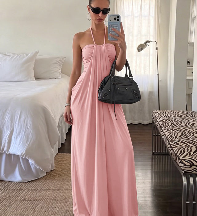 Halter Tie Back Built-in Bra Maxi Dress with Pockets