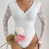 Floral Lace Sheer Long Sleeve Bodysuit V Neck Slim Fit Thong Body Shaper