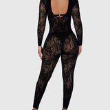 Sexy Long Sleeve Sheer Lace Open Back Bodycon Jumpsuit