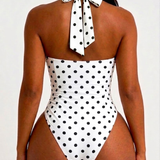 Polka Dot Halter Sweetheart Neck Ruched Back Bow Tie High Leg One-piece Swimsuit