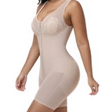 V Neck Lace Mesh Panel  Mid Thigh Tummy Control Bodysuit Zipper Shapewear