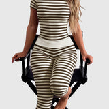Striped Crew Neck Short Sleeve Crop Top Capri Leggings Two Piece Set