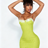 Polka Dot Lace Trim Thin Strap Bodycon Mini Dress