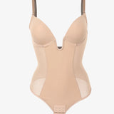 Sexy Plunge Neck Backless Mesh Panel Shapewear Thong Bodysuit