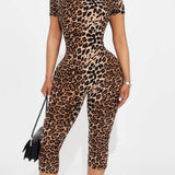 Short Sleeve Slim Fit Leopard Print Capri Jumpsuit