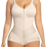 Lace Trim Adjustable Strap Tummy Control Butt Lifting Zipper Bodysuit