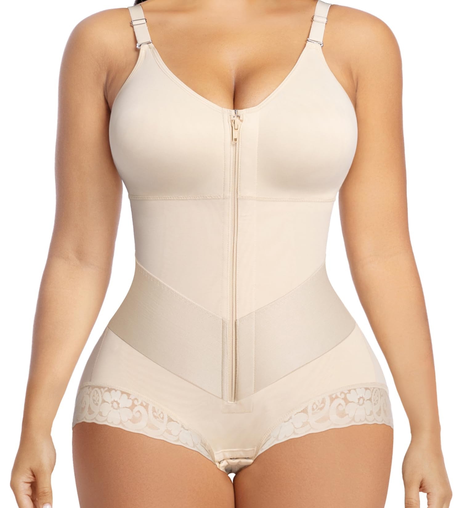 Lace Trim Adjustable Strap Tummy Control Butt Lifting Zipper Bodysuit
