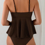 Solid Color Two-Piece Swimsuit With Adjustable Shoulder Straps