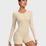 Round Neck Long Sleeve Open Back Tight Fit Workout Romper