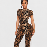 Short Sleeve Slim Fit Leopard Print Capri Jumpsuit