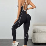 Seamless Athletic Jumpsuit Cross-Strap Color-Block Full-Length Bodysuit